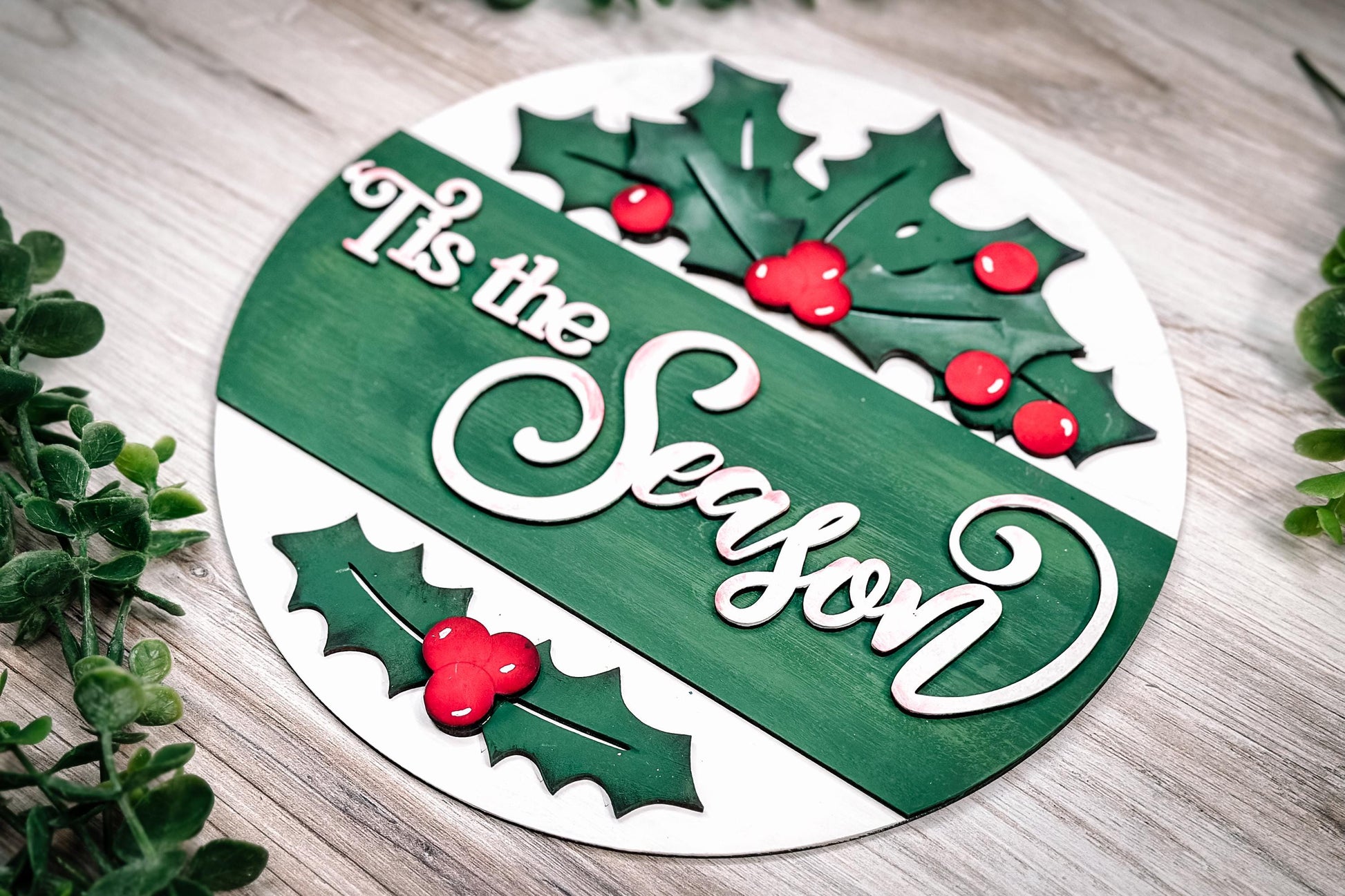 Tis the Season Laser Cut File | Festive Round Sign with Holly and Text Strip | Christmas Door Hanger SVG