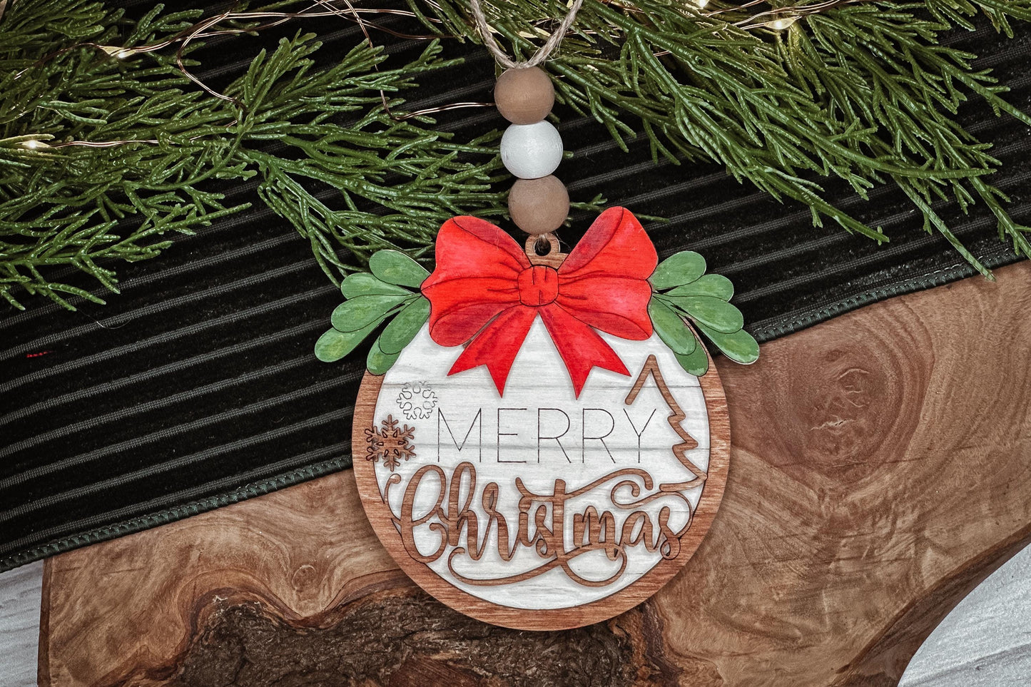 Merry Christmas Ornament SVG - Rustic Holiday Laser Cut File with Bow & Greenery - Christmas Decoration