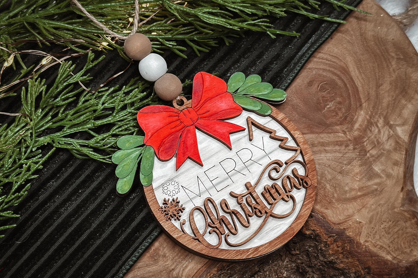 Merry Christmas Ornament SVG - Rustic Holiday Laser Cut File with Bow & Greenery - Christmas Decoration