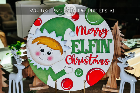 Merry Elfin Christmas SVG - Elf Door Hanger Laser Cut File - Holiday Decor SVG for Christmas