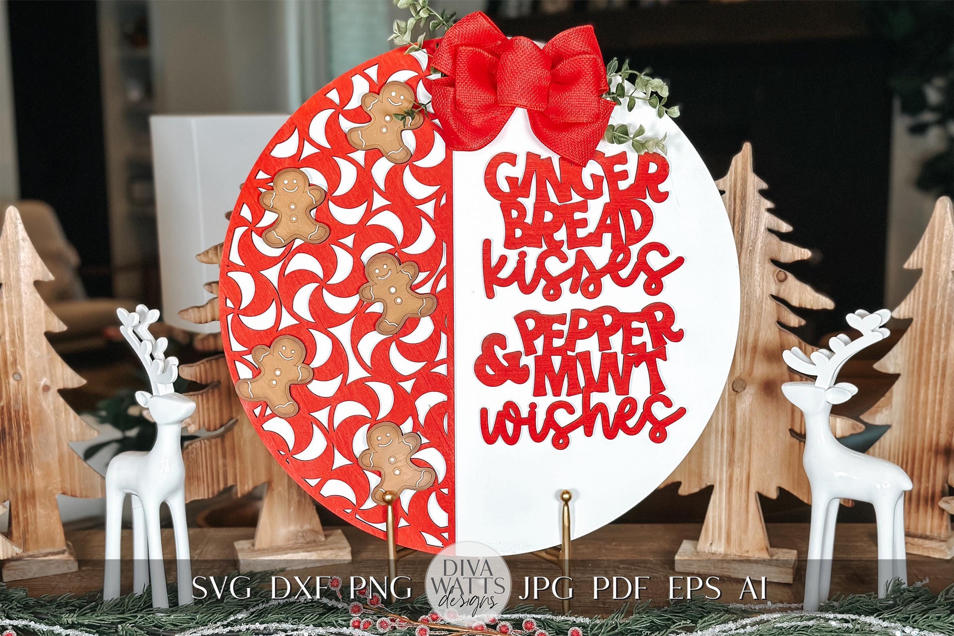 Gingerbread Kisses Peppermint Wishes Laser Cut SVG – Christmas Door Hanger SVG – Festive Gingerbread Peppermint Laser Cut File