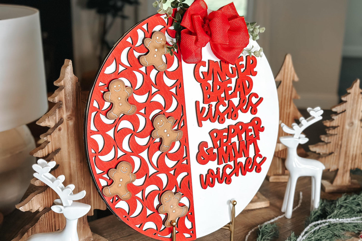 Gingerbread Kisses Peppermint Wishes Laser Cut SVG – Christmas Door Hanger SVG – Festive Gingerbread Peppermint Laser Cut File