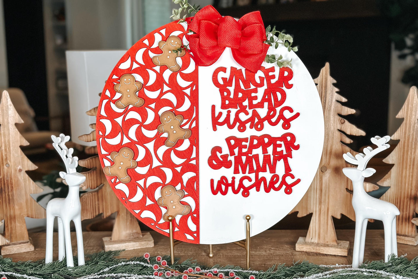 Gingerbread Kisses Peppermint Wishes Laser Cut SVG – Christmas Door Hanger SVG – Festive Gingerbread Peppermint Laser Cut File