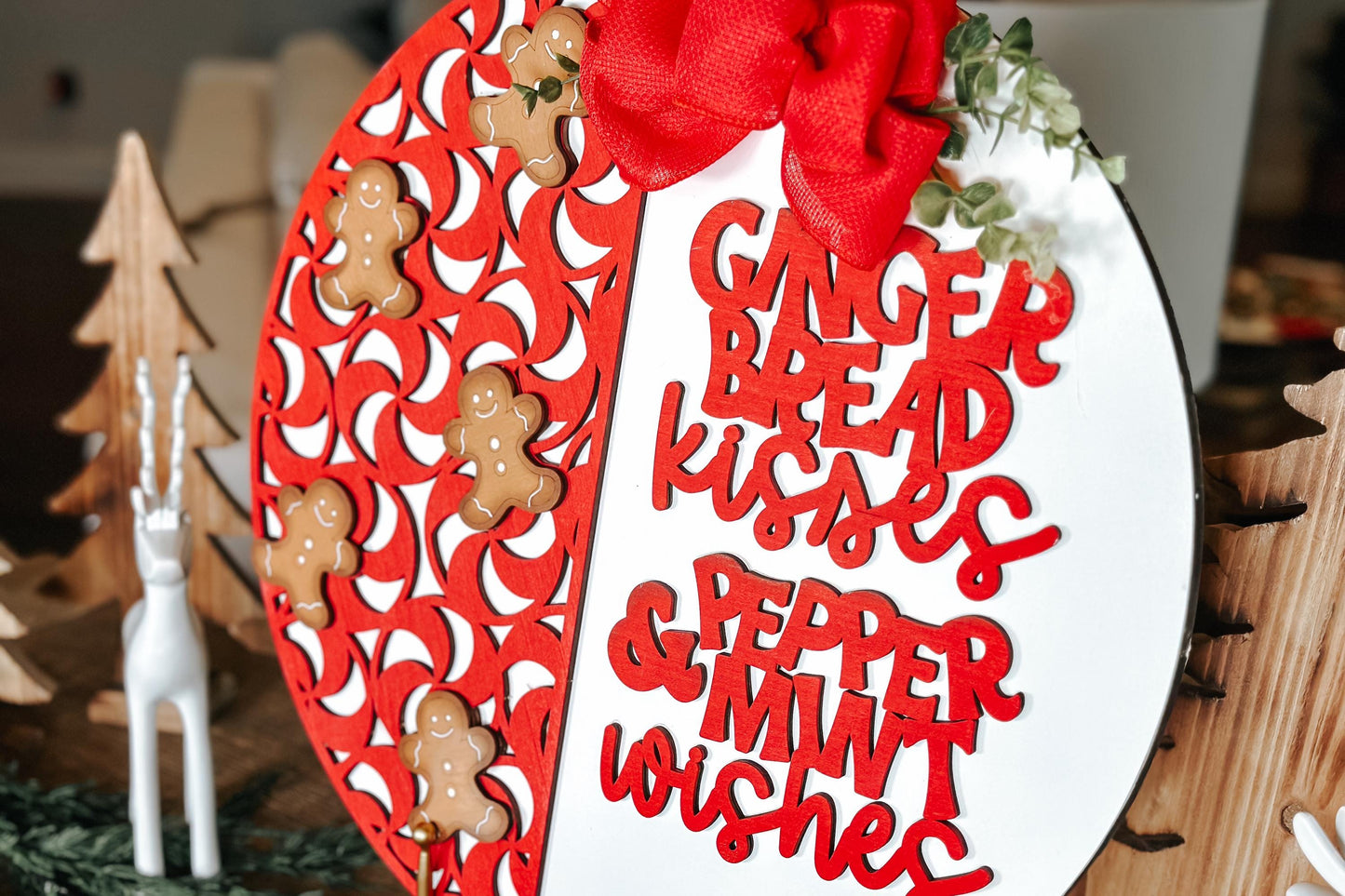 Gingerbread Kisses Peppermint Wishes Laser Cut SVG – Christmas Door Hanger SVG – Festive Gingerbread Peppermint Laser Cut File