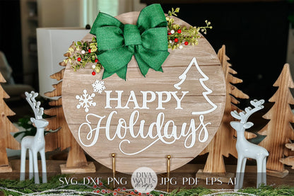 Happy Holidays Laser Cut File SVG | Christmas Door Hanger with Tree & Snowflakes | Holiday Round Sign SVG Laser Template