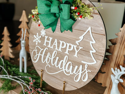 Happy Holidays Laser Cut File SVG | Christmas Door Hanger with Tree & Snowflakes | Holiday Round Sign SVG Laser Template
