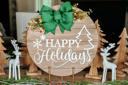 Happy Holidays Laser Cut File SVG | Christmas Door Hanger with Tree & Snowflakes | Holiday Round Sign SVG Laser Template