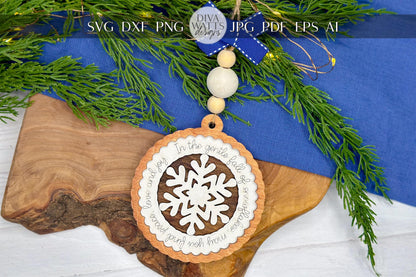 Layered Peace and Joy Snowflake Ornament SVG, Christmas Laser Cut File, Holiday Decoration with Sentimental Script
