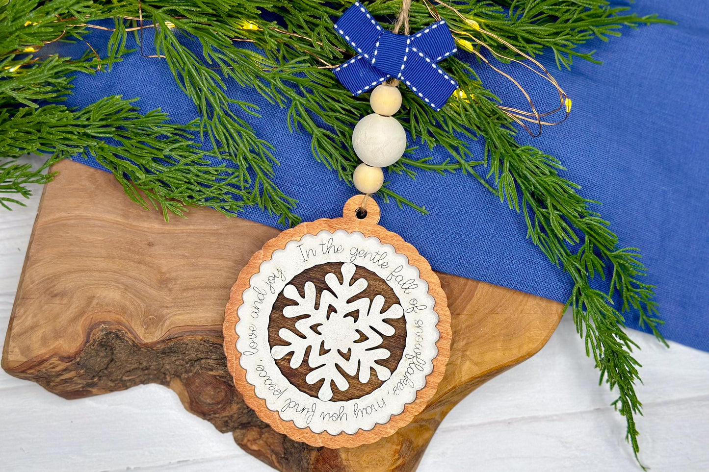 Layered Peace and Joy Snowflake Ornament SVG, Christmas Laser Cut File, Holiday Decoration with Sentimental Script