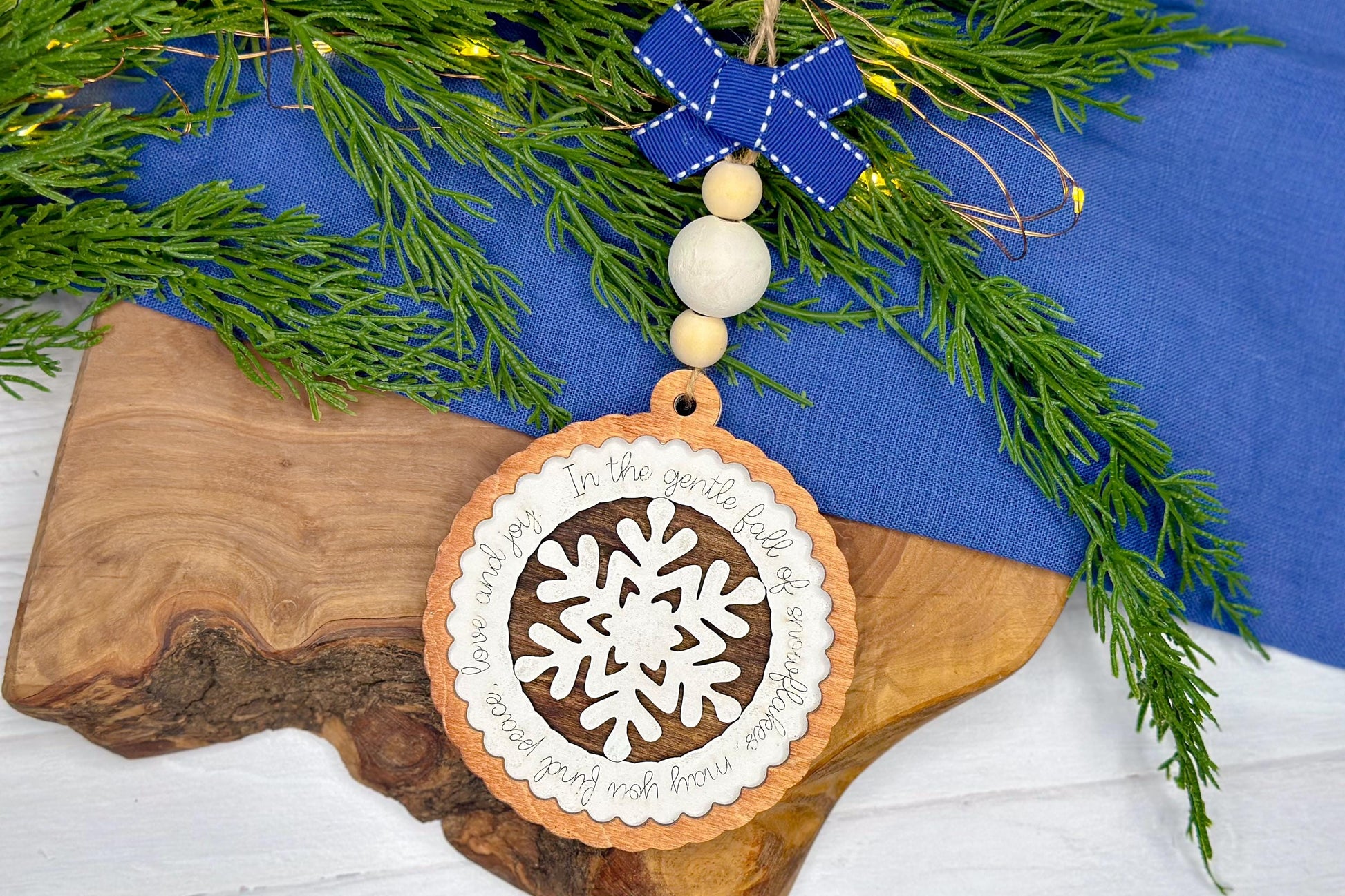 Layered Peace and Joy Snowflake Ornament SVG, Christmas Laser Cut File, Holiday Decoration with Sentimental Script