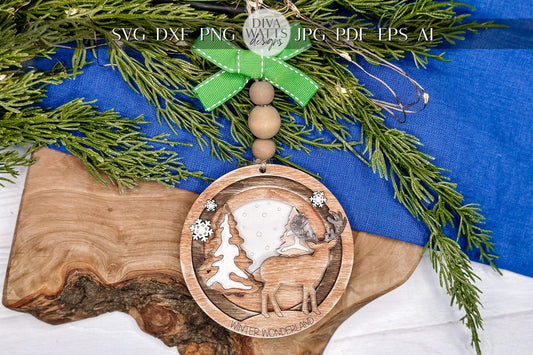 Winter Wonderland Deer Ornament SVG, Layered Christmas Laser Cut File, Woodland Scene Holiday Decoration, Glowforge Ready