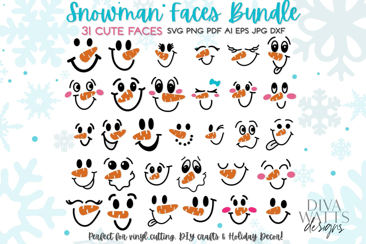 Snowman Faces SVG Bundle | 31 Cute Snowman Face Designs for Christmas Crafts | Perfect for Cricut, Silhouette & DIY Holiday Decor