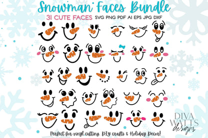 Snowman Faces SVG Bundle | 31 Cute Snowman Face Designs for Christmas Crafts | Perfect for Cricut, Silhouette & DIY Holiday Decor