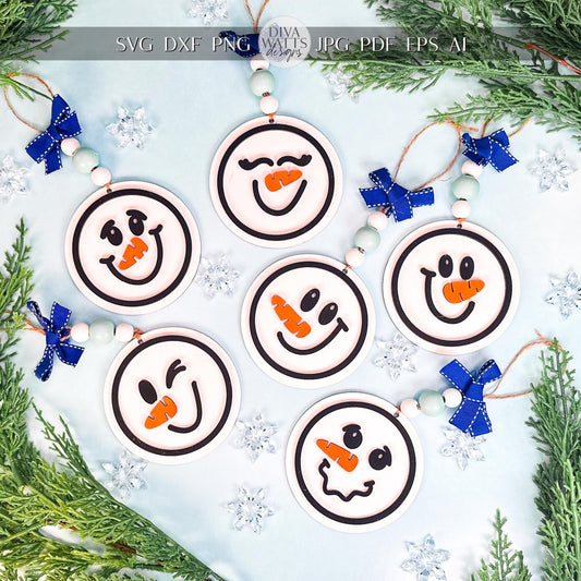 Snowman Face Ornament Laser Cut Files SVG | Christmas Snowman Ornament SVG Bundle | DIY Laser Snowman Ornaments for Glowforge & Xtool