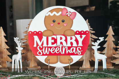 Merry Sweetmas Gingerbread SVG Laser Cut File - Christmas Door Hanger SVG, Holiday Decor SVG, Gingerbread Man Cut File