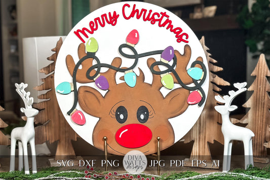 Merry Christmas Reindeer SVG Laser Cut File, Christmas Round Door Hanger, Festive Reindeer Lights Cut File for Laser Machines