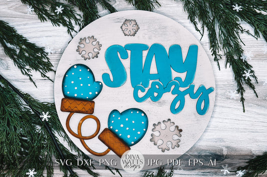 Stay Cozy Door Hanger SVG, Winter Mittens and Snowflakes Laser Cut File, Cozy Winter Decor, Easy DIY Laser Door Hanger