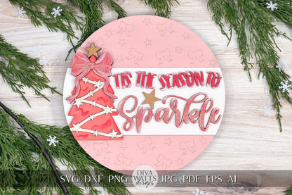 Tis the Season to Sparkle Door Hanger SVG with Tree & Bow, Holiday Laser Cut File, Festive DIY Decor