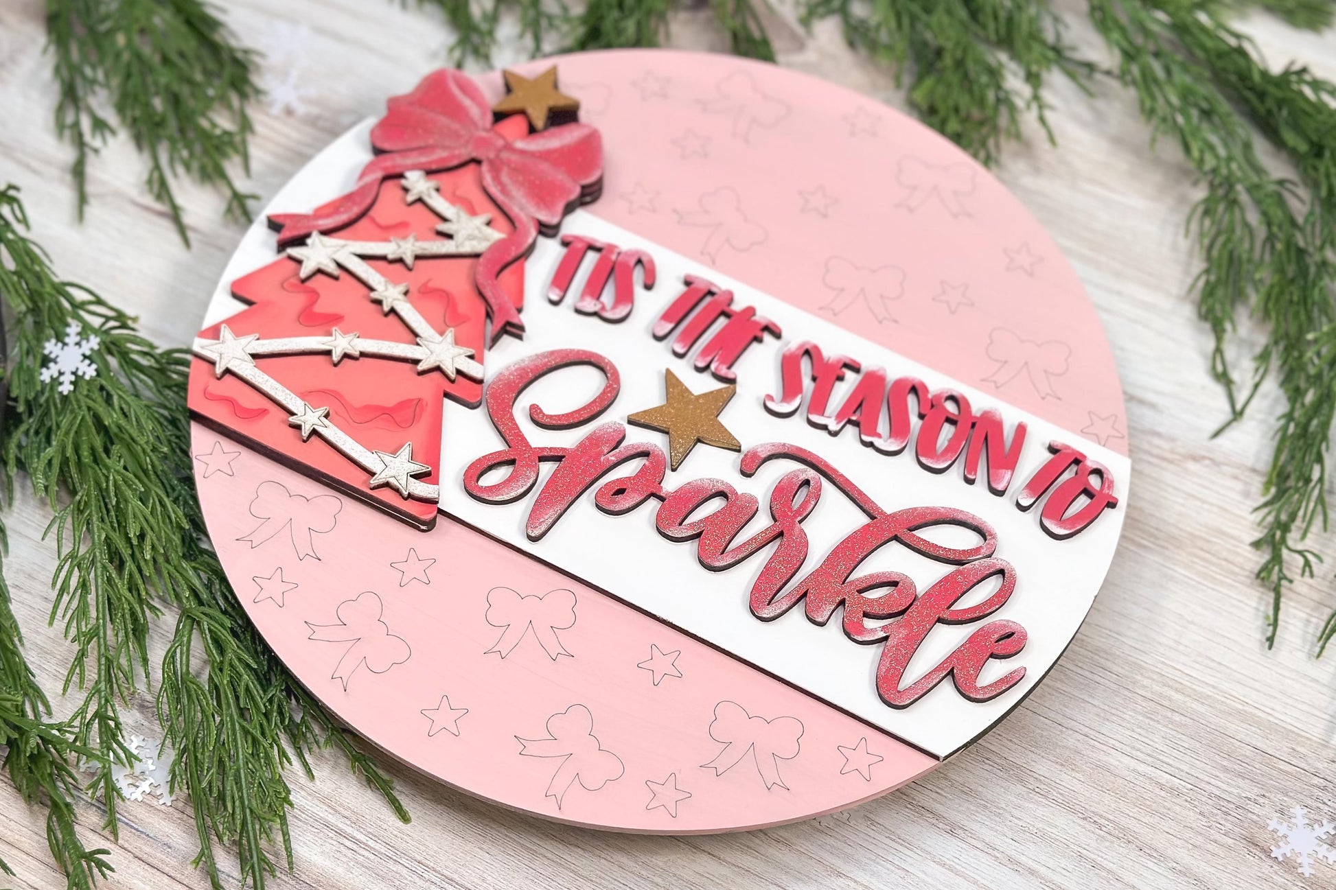 Tis the Season to Sparkle Door Hanger SVG with Tree & Bow, Holiday Laser Cut File, Festive DIY Decor