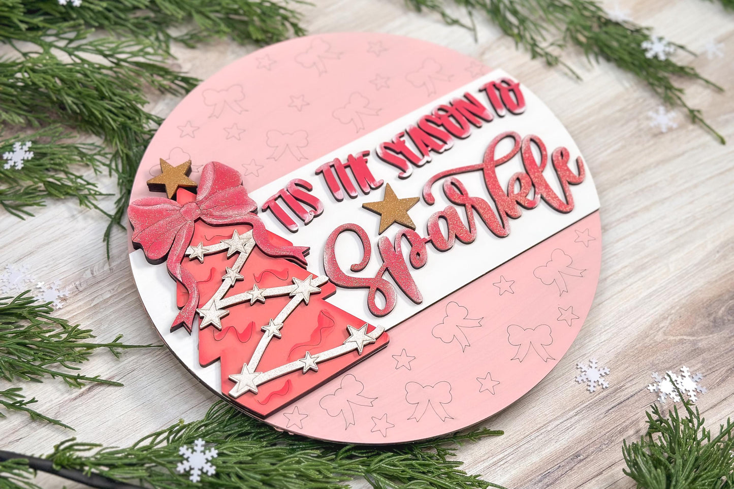 Tis the Season to Sparkle Door Hanger SVG with Tree & Bow, Holiday Laser Cut File, Festive DIY Decor