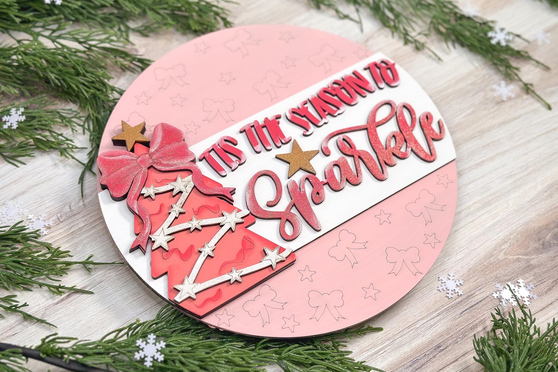 Tis the Season to Sparkle Door Hanger SVG with Tree & Bow, Holiday Laser Cut File, Festive DIY Decor
