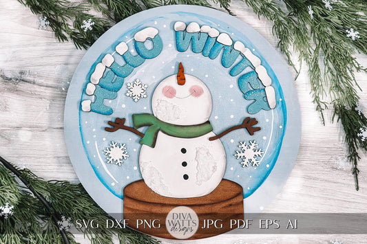 Hello Winter Snowman Snowglobe SVG with Falling Snowflakes, Winter Laser Cut File, DIY Holiday Decor
