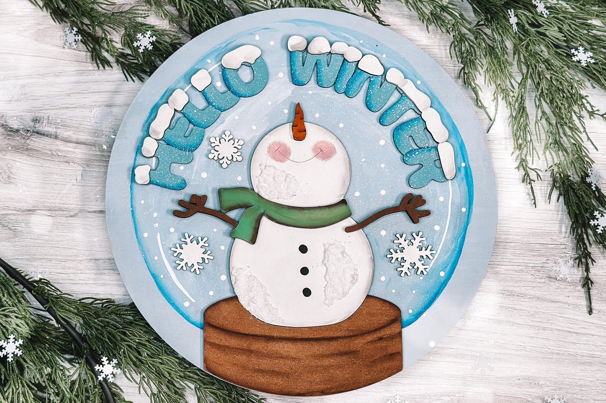 Hello Winter Snowman Snowglobe SVG with Falling Snowflakes, Winter Laser Cut File, DIY Holiday Decor