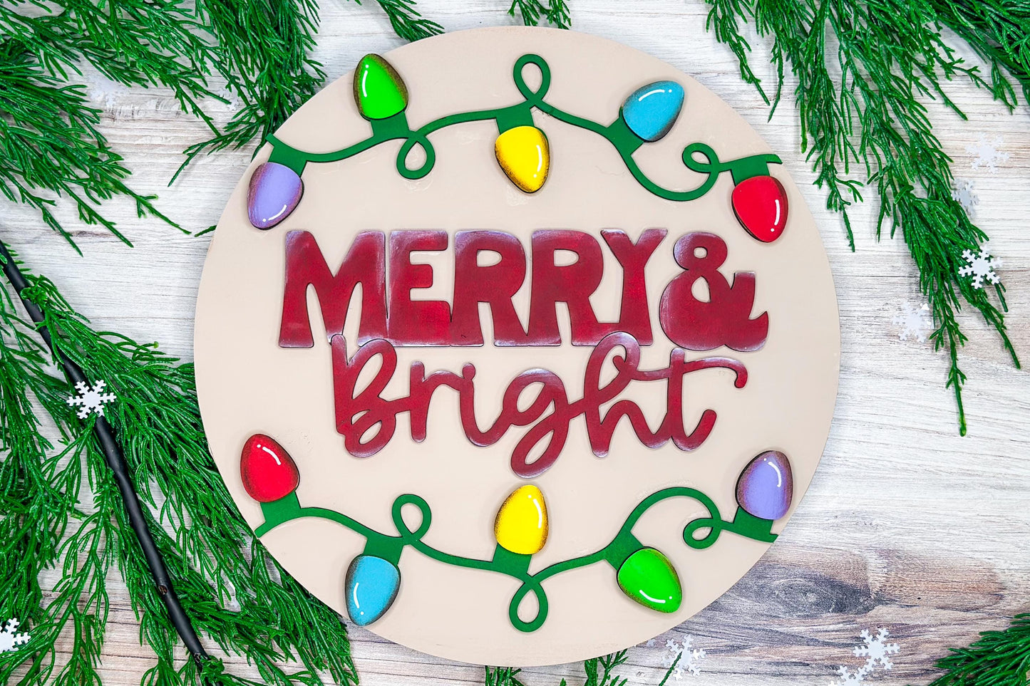 Merry & Bright Christmas Lights Laser Cut Door Hanger SVG | Holiday Decor Glowforge Ready Digital File