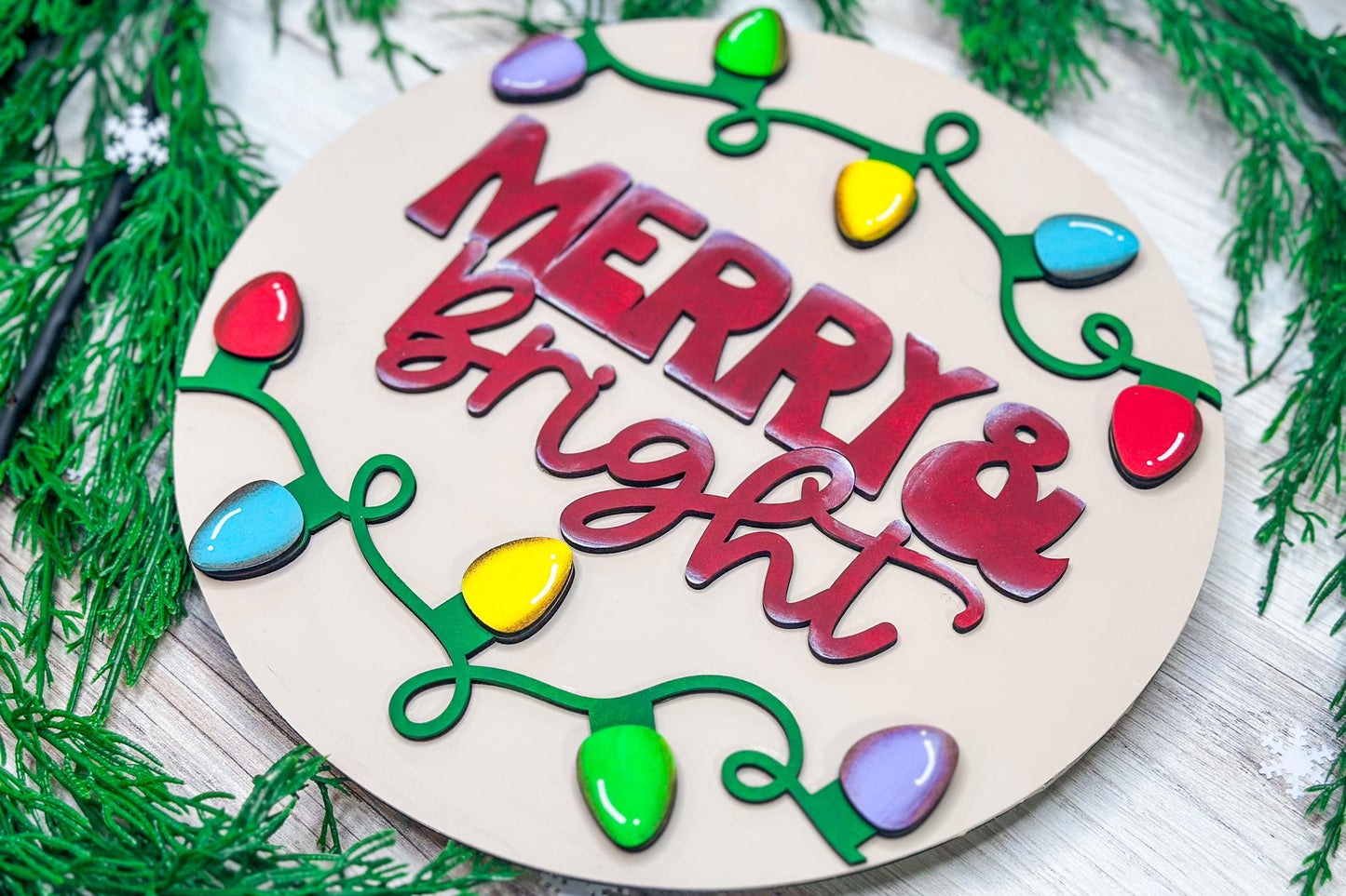 Merry & Bright Christmas Lights Laser Cut Door Hanger SVG | Holiday Decor Glowforge Ready Digital File