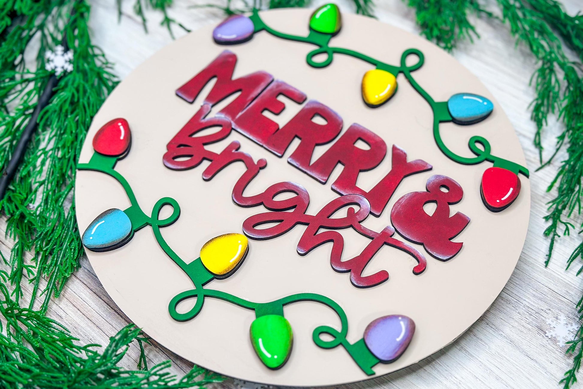 Merry & Bright Christmas Lights Laser Cut Door Hanger SVG | Holiday Decor Glowforge Ready Digital File