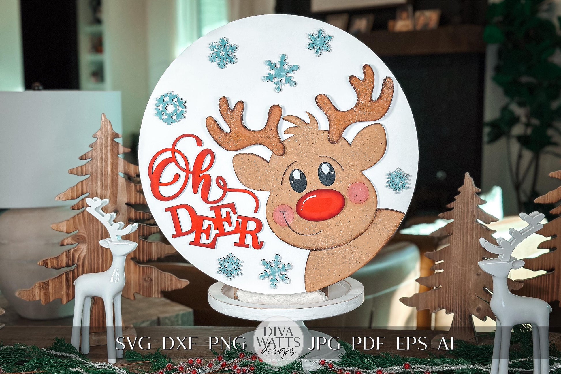 Oh Deer Reindeer Laser Cut File | Christmas SVG Round Door Hanger | Cute Reindeer Laser Cut SVG for Holiday Decor