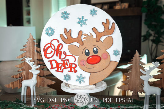 Oh Deer Reindeer Laser Cut File | Christmas SVG Round Door Hanger | Cute Reindeer Laser Cut SVG for Holiday Decor