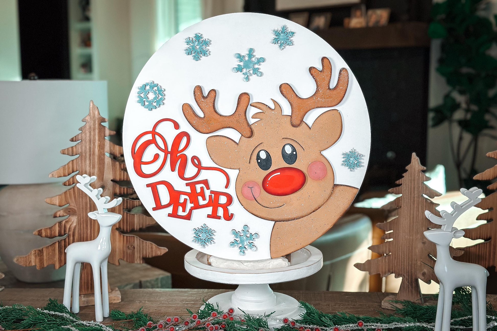 Oh Deer Reindeer Laser Cut File | Christmas SVG Round Door Hanger | Cute Reindeer Laser Cut SVG for Holiday Decor
