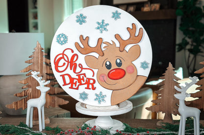 Oh Deer Reindeer Laser Cut File | Christmas SVG Round Door Hanger | Cute Reindeer Laser Cut SVG for Holiday Decor