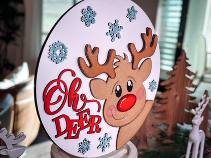 Oh Deer Reindeer Laser Cut File | Christmas SVG Round Door Hanger | Cute Reindeer Laser Cut SVG for Holiday Decor