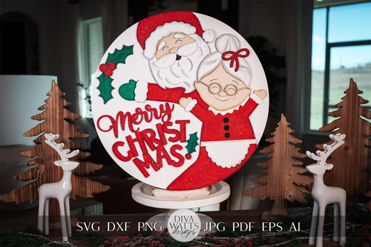 Santa and Mrs. Claus Laser Cut File | Merry Christmas SVG Round Door Hanger | Festive Laser Cut Christmas SVG Decor