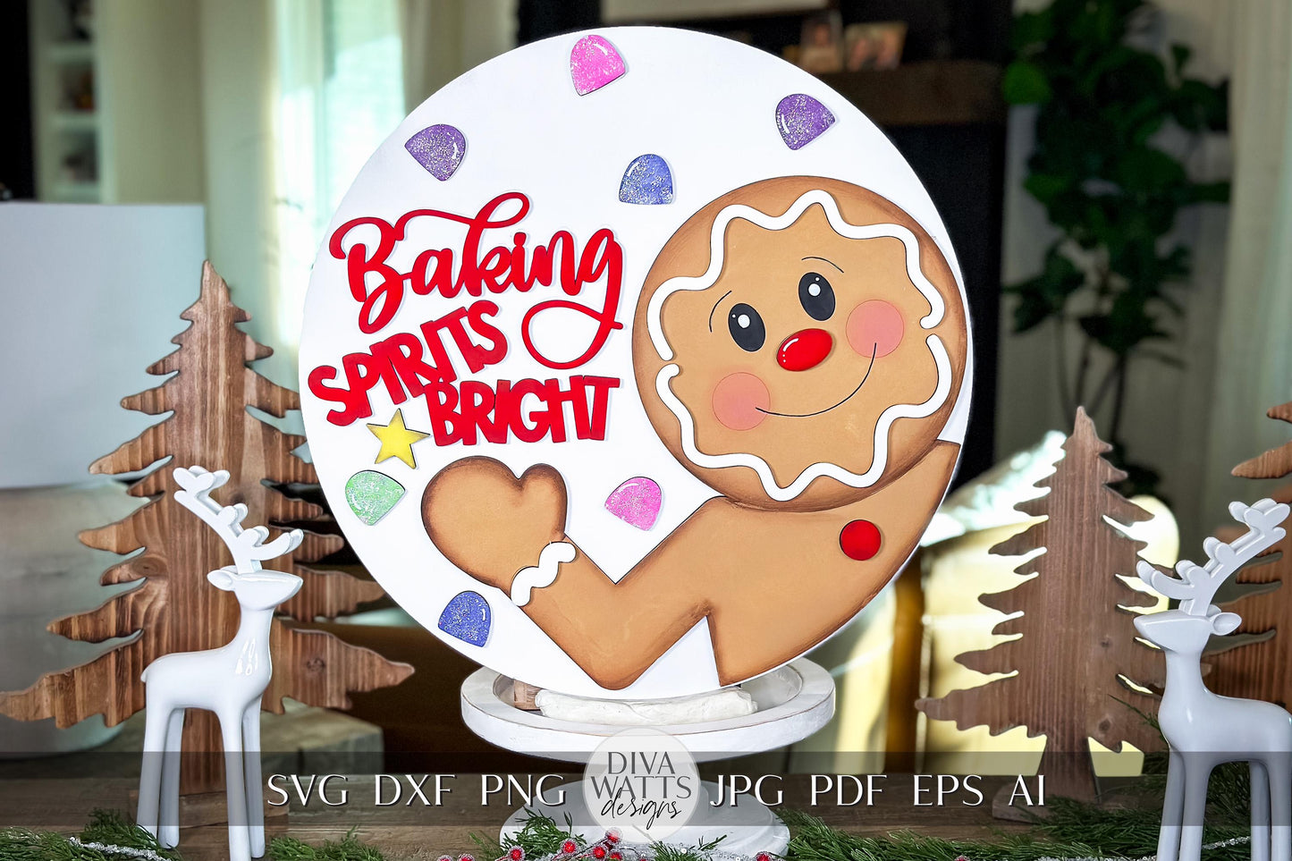 Gingerbread Man Baking Spirits Bright SVG Laser Cut File – Christmas Round Door Hanger Holiday Décor