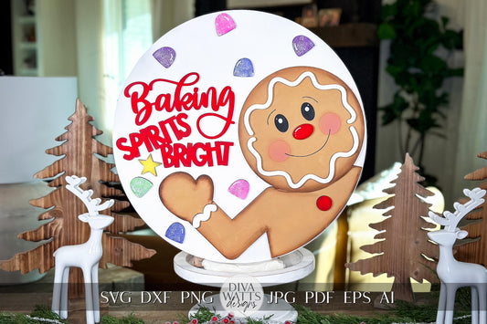 Gingerbread Man Baking Spirits Bright SVG Laser Cut File – Christmas Round Door Hanger Holiday Décor