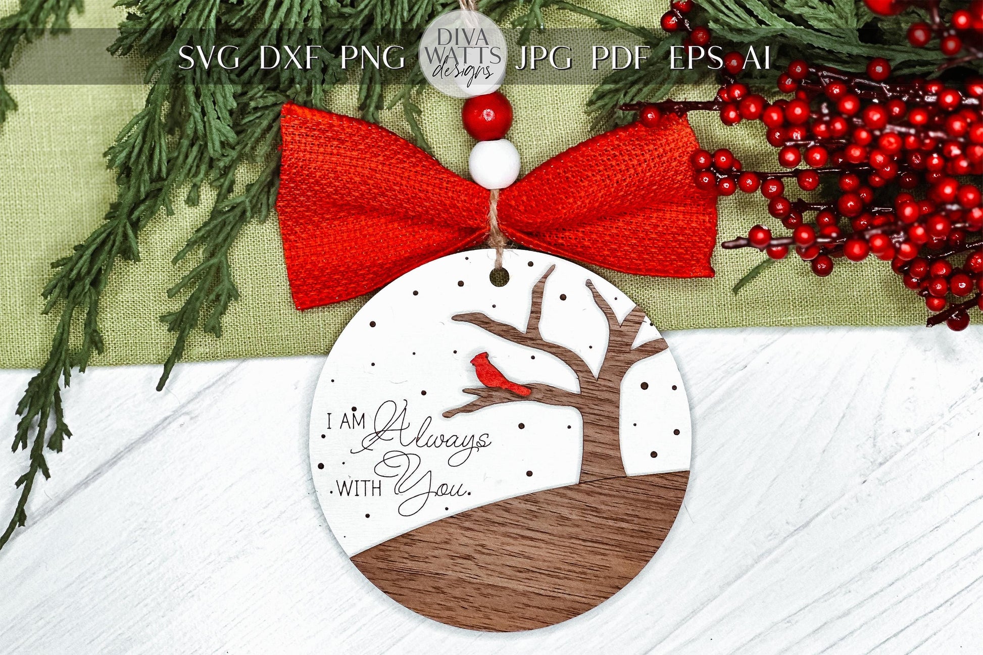 Cardinal Memorial Ornament SVG - "I Am Always With You" Laser Cut File, Tree Scene Sympathy Keepsake for Laser Engraving and Laser Cutting