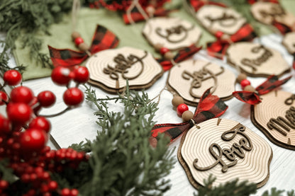 Laser Cut Faux Wood Slice Ornament Set SVG | Rustic Christmas Word Ornaments | DIY Holiday Decor Laser Files | Farmhouse Tree Ornament SVG