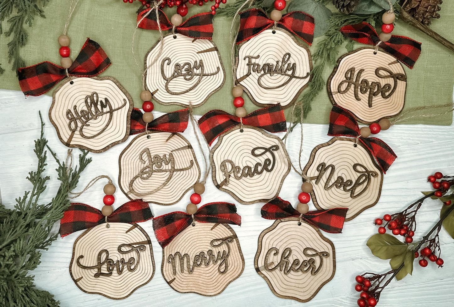 Laser Cut Faux Wood Slice Ornament Set SVG | Rustic Christmas Word Ornaments | DIY Holiday Decor Laser Files | Farmhouse Tree Ornament SVG