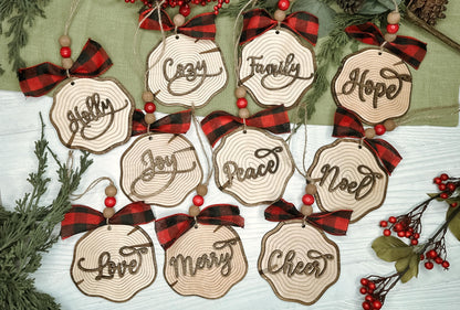 Laser Cut Faux Wood Slice Ornament Set SVG | Rustic Christmas Word Ornaments | DIY Holiday Decor Laser Files | Farmhouse Tree Ornament SVG