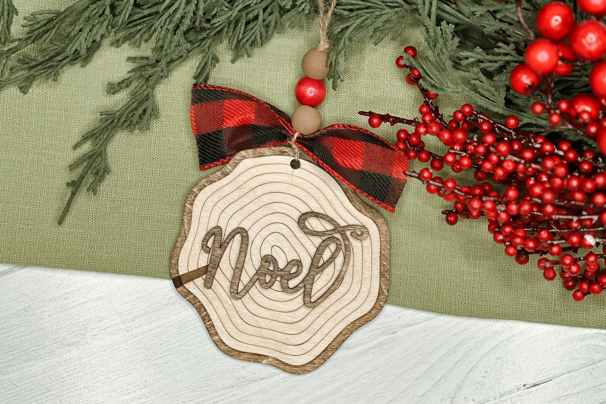 Laser Cut Faux Wood Slice Ornament Set SVG | Rustic Christmas Word Ornaments | DIY Holiday Decor Laser Files | Farmhouse Tree Ornament SVG