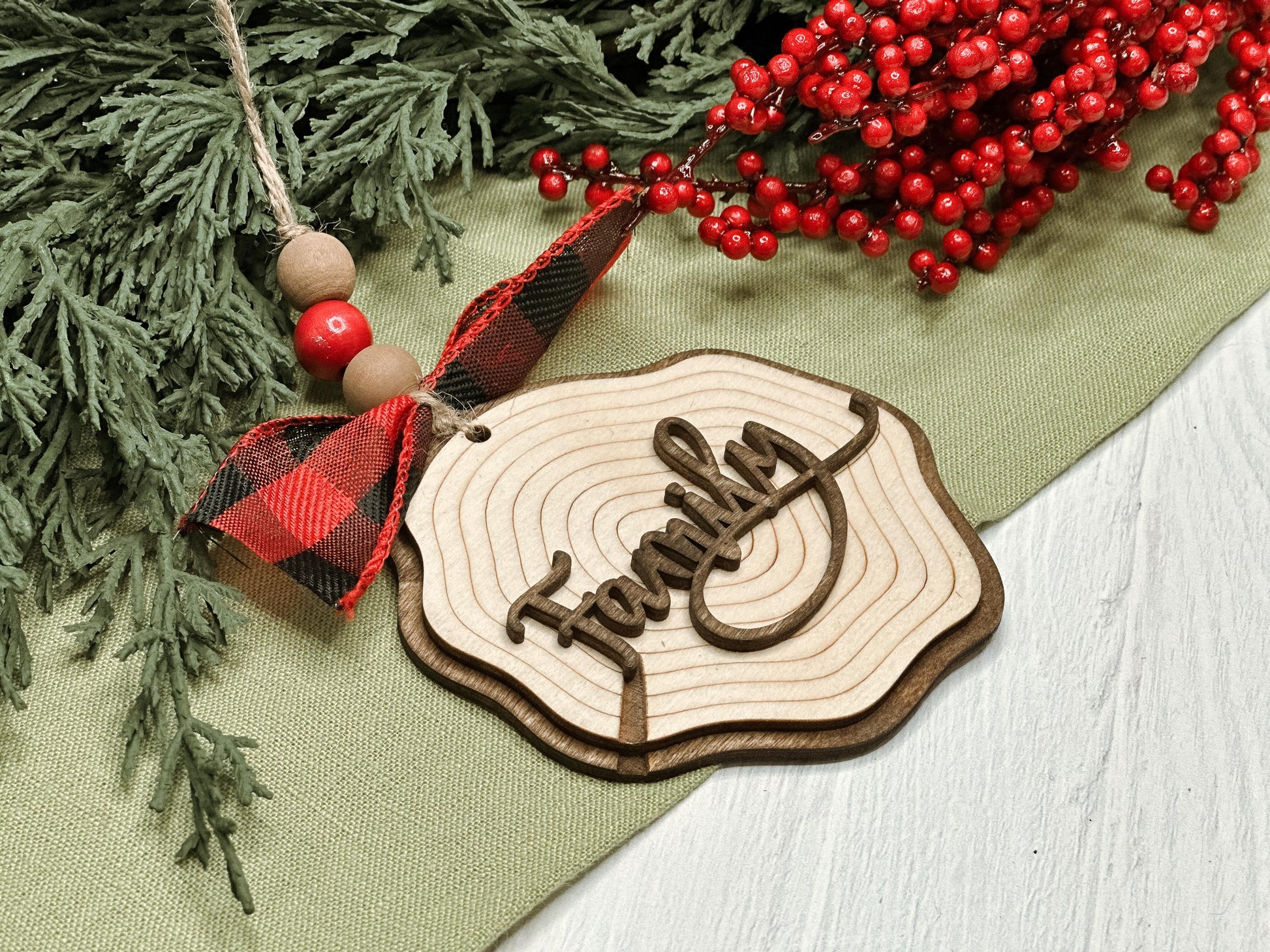 Laser Cut Faux Wood Slice Ornament Set SVG | Rustic Christmas Word Ornaments | DIY Holiday Decor Laser Files | Farmhouse Tree Ornament SVG