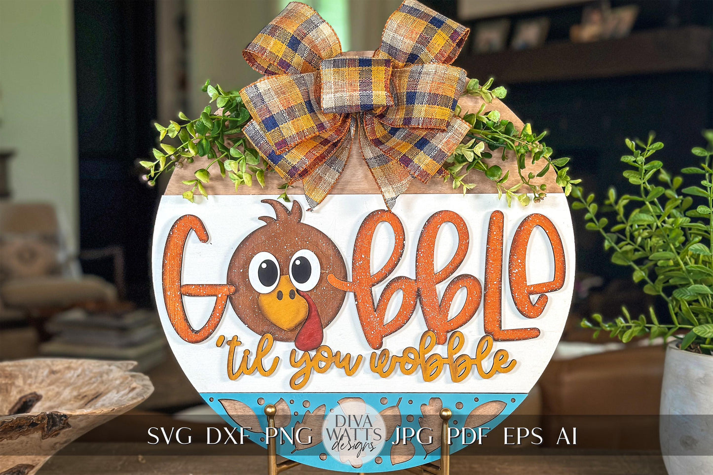 Thanksgiving Turkey Door Hanger SVG Laser File - "Gobble Til You Wobble" Fall Decor, Thanksgiving Round Door Sign Cut File