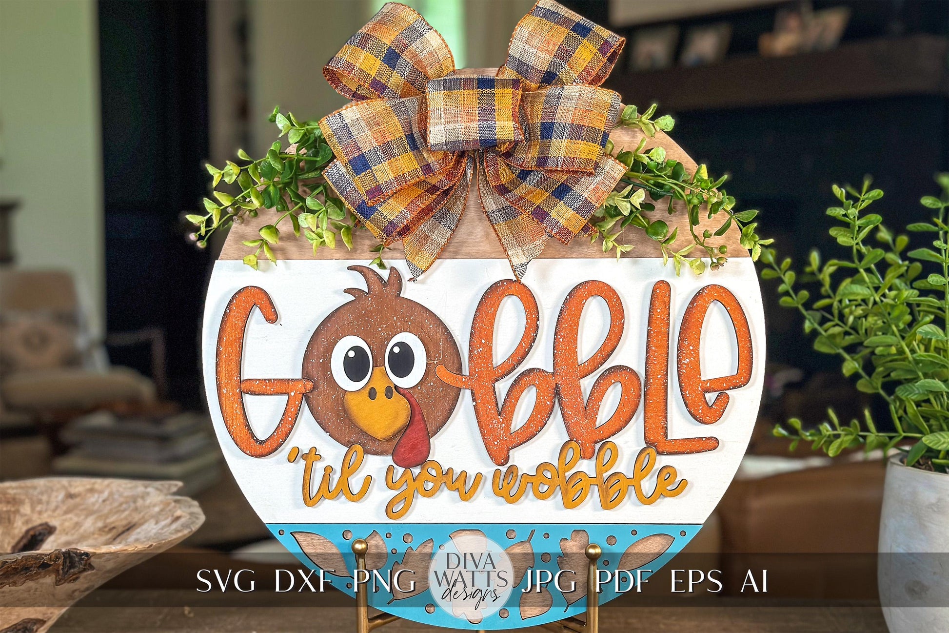 Thanksgiving Turkey Door Hanger SVG Laser File - "Gobble Til You Wobble" Fall Decor, Thanksgiving Round Door Sign Cut File