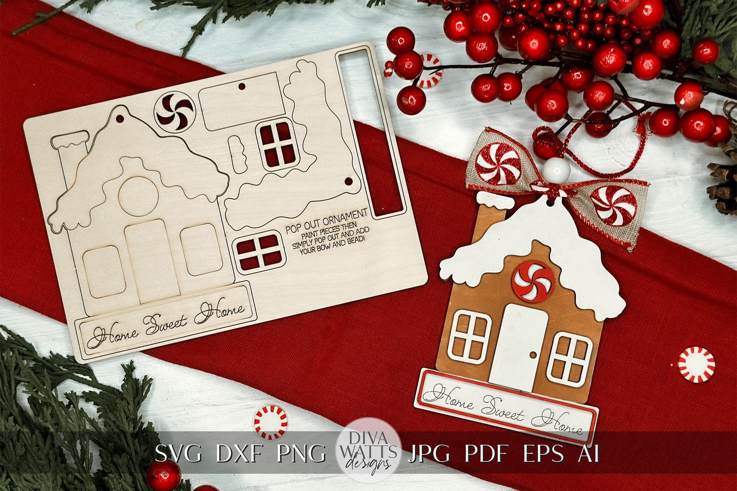 Gingerbread House Pop-Out Ornament SVG Laser Cut File | Home Sweet Home Christmas Decoration | DIY Laser File | Ornament Bar Laser File