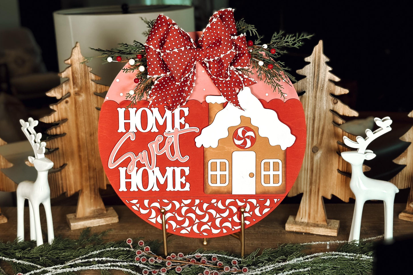 Home Sweet Home Gingerbread Laser Cut File | Christmas SVG | Layered Holiday Door Hanger | Peppermint Pattern | DIY Laser Design