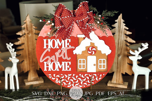 Home Sweet Home Gingerbread Laser Cut File | Christmas SVG | Layered Holiday Door Hanger | Peppermint Pattern | DIY Laser Design