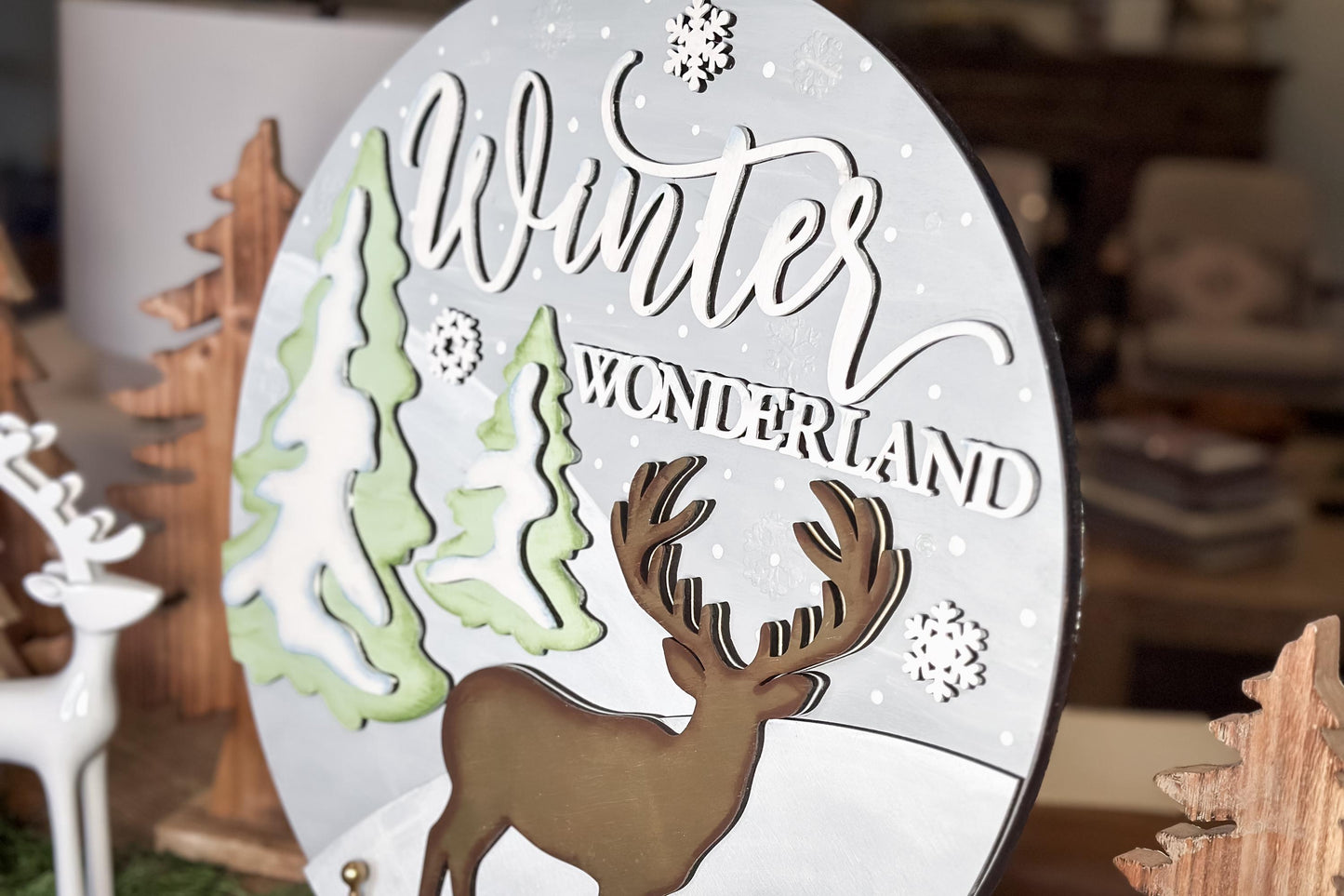 Winter Wonderland SVG Laser Cut File | Deer & Trees Winter Door Hanger | Christmas Layered Round Sign SVG | Holiday Laser Cut Design